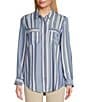 Color:Sunwash/Yarn Dyed Indigo Stripe - Image 3 - Petite Size Lyocell Yarn Dyed Indigo Stripe Point Collar Roll-Tab Sleeve Snap-Front Shirt
