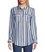 Color:Sunwash/Yarn Dyed Indigo Stripe - Image 1 - Petite Size Lyocell Yarn Dyed Indigo Stripe Point Collar Roll-Tab Sleeve Snap-Front Shirt