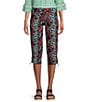 Color:Ebony Black/Multicolor Frond Leaves - Image 1 - Petite Size Printed Jersey Stretch Love Fit Bungee Capri Pull-On Leggings
