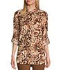 Color:Espresso Roast - Image 1 - Petite Size Printed Woven Point Collar Roll-Tab Sleeve A-Line Easy Popover Tunic