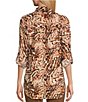 Color:Espresso Roast - Image 2 - Petite Size Printed Woven Point Collar Roll-Tab Sleeve A-Line Easy Popover Tunic
