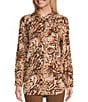 Color:Espresso Roast - Image 3 - Petite Size Printed Woven Point Collar Roll-Tab Sleeve A-Line Easy Popover Tunic