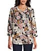 Intro Petite Size Soft Puckered Patch Floral Print Split Round V-Neck 3/4 Sleeve Button Front Shirt, Color:New Natural Pearl - Image 1
