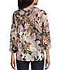 Intro Petite Size Soft Puckered Patch Floral Print Split Round V-Neck 3/4 Sleeve Button Front Shirt, Color:New Natural Pearl - Image 2