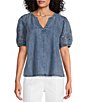 Intro Petite Size Split V-Neck Embroidered Elbow Puff Sleeve Denim Blouse - Image 1