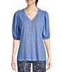 Color:Cornflower - Image 1 - Petite Size V-Neck Short Puffed Sleeve Half Button Front Top