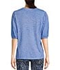 Color:Cornflower - Image 2 - Petite Size V-Neck Short Puffed Sleeve Half Button Front Top