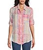 Color:Bok Choy Shadow Stripe - Image 1 - Petite Size Watercolor Plaid Woven Point Collar 3/4 Roll-Tab Sleeve Button-Front Tunic