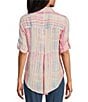 Color:Bok Choy Shadow Stripe - Image 2 - Petite Size Watercolor Plaid Woven Point Collar 3/4 Roll-Tab Sleeve Button-Front Tunic