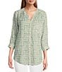 Intro Petite Size Woven Bok Choy Split V-Neck 3/4 Roll-Tab Sleeve Button Front Shirt,Specials : American Fashion Style Bags On Sale