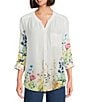 Intro Petite Size Woven Bright White Split V-Neck 3/4 Roll-Tab Sleeve Button Front Shirt, Color:Bright White - Image 1