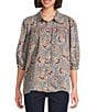 Intro Petite Size Woven Floral Printed Point Collar Long Sleeve Button Front Placket Blouse - Image 1