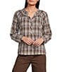 Intro Petite Size Woven Plaid Y-Neck Long Sleeve Top - Image 1