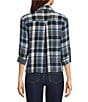 Intro Petite Size Woven Point Navy Beat Plaid Print Collar Long Roll-Tab Sleeve Button-Front Denim Shirt - Image 2