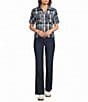 Intro Petite Size Woven Point Navy Beat Plaid Print Collar Long Roll-Tab Sleeve Button-Front Denim Shirt - Image 3