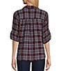 Intro Petite Size Woven Point Navy Beat Plaid Print Collar Long Roll-Tab Sleeve Button-Front Denim Shirt - Image 2
