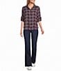 Intro Petite Size Woven Point Navy Beat Plaid Print Collar Long Roll-Tab Sleeve Button-Front Denim Shirt - Image 3
