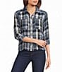 Intro Petite Size Woven Point Navy Beat Plaid Print Collar Long Roll-Tab Sleeve Button-Front Denim Shirt - Image 1