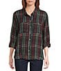 Intro Petite Size Woven Pucker Plaid Dark Sea Point Collar 3/4 Rolled-Tab Sleeve Button Front Shirt, Color:Dark Sea/Silver Lurex - Image 1