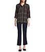 Intro Petite Size Woven Pucker Plaid Dark Sea Point Collar 3/4 Rolled-Tab Sleeve Button Front Shirt, Color:Dark Sea/Silver Lurex - Image 5