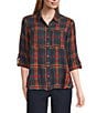 Intro Petite Size Woven Pucker Plaid New Red Admore Point Collar 3/4 Rolled-Tab Sleeve Button-Front Shirt, Color:New Red Admore/Gold Lurex - Image 1