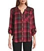 Intro Petite Size Woven Red Bud Band Plaid V-Neck Long Roll-Tab Sleeve Button Front Blouse, Color:Red Bud - Image 1