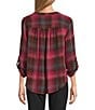 Intro Petite Size Woven Red Bud Band Plaid V-Neck Long Roll-Tab Sleeve Button Front Blouse, Color:Red Bud - Image 2