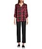Intro Petite Size Woven Red Bud Band Plaid V-Neck Long Roll-Tab Sleeve Button Front Blouse, Color:Red Bud - Image 5
