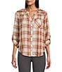 Intro Petite Size Woven Wood Thrush Band Plaid V-Neck Long Roll-Tab Sleeve Button Front Blouse, Color:Wood Thrush - Image 1