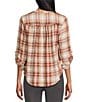 Intro Petite Size Woven Wood Thrush Band Plaid V-Neck Long Roll-Tab Sleeve Button Front Blouse, Color:Wood Thrush - Image 2