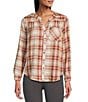 Intro Petite Size Woven Wood Thrush Band Plaid V-Neck Long Roll-Tab Sleeve Button Front Blouse, Color:Wood Thrush - Image 3