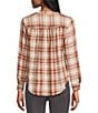 Intro Petite Size Woven Wood Thrush Band Plaid V-Neck Long Roll-Tab Sleeve Button Front Blouse, Color:Wood Thrush - Image 4
