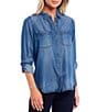 Color:Medium Blue Wash - Image 1 - Petite Size Roll-Tab Sleeve Button Front Slub Lyocell Shirt