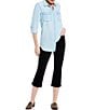 Color:Light Bleach Wash - Image 3 - Petite Size Roll-Tab Sleeve Button Front Slub Lyocell Shirt