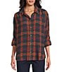 Intro Plaid Print Gold Lurex Detail Long Roll-Tab Sleeve Button Down Swing Shirt, Color:New Red Amore with Gold Lurex - Image 1