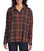 Intro Plaid Print Gold Lurex Detail Long Roll-Tab Sleeve Button Down Swing Shirt, Color:New Red Amore with Gold Lurex - Image 2