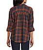 Intro Plaid Print Gold Lurex Detail Long Roll-Tab Sleeve Button Down Swing Shirt, Color:New Red Amore with Gold Lurex - Image 3