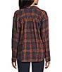 Intro Plaid Print Gold Lurex Detail Long Roll-Tab Sleeve Button Down Swing Shirt, Color:New Red Amore with Gold Lurex - Image 4