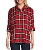 Intro Plaid Print Gold Lurex Detail Long Roll-Tab Sleeve Button Down Swing Shirt, Color:Tango Red with Gold Lurex - Image 1