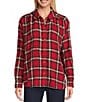 Intro Plaid Print Gold Lurex Detail Long Roll-Tab Sleeve Button Down Swing Shirt, Color:Tango Red with Gold Lurex - Image 2