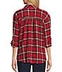 Intro Plaid Print Gold Lurex Detail Long Roll-Tab Sleeve Button Down Swing Shirt, Color:Tango Red with Gold Lurex - Image 3