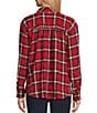 Intro Plaid Print Gold Lurex Detail Long Roll-Tab Sleeve Button Down Swing Shirt, Color:Tango Red with Gold Lurex - Image 4