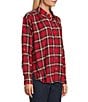 Intro Plaid Print Gold Lurex Detail Long Roll-Tab Sleeve Button Down Swing Shirt, Color:Tango Red with Gold Lurex - Image 6