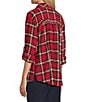 Intro Plaid Print Gold Lurex Detail Long Roll-Tab Sleeve Button Down Swing Shirt, Color:Tango Red with Gold Lurex - Image 7