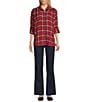 Intro Plaid Print Gold Lurex Detail Long Roll-Tab Sleeve Button Down Swing Shirt, Color:Tango Red with Gold Lurex - Image 9