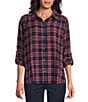 Intro Plaid Print Long Roll-Tab Sleeve Button Down Swing Shirt, Color:Ink - Image 1