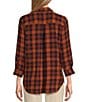 Color:Brandy Brown Plaid - Image 2 - Plaid Print Puckered Woven Point Collar Roll-Tab Sleeve Button-Down Shirt