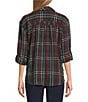 Intro Plaid Print Silver Lurex Detail Long Roll-Tab Sleeve Button Down Swing Shirt, Color:Dark Sea With Silver Lurex - Image 2
