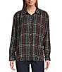 Intro Plaid Print Silver Lurex Detail Long Roll-Tab Sleeve Button Down Swing Shirt, Color:Dark Sea With Silver Lurex - Image 3