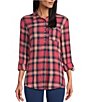 Color:Baroque Rose - Image 1 - Plaid Print Woven Point Collar Roll-Tab Sleeve A-Line Swing Popover Tunic